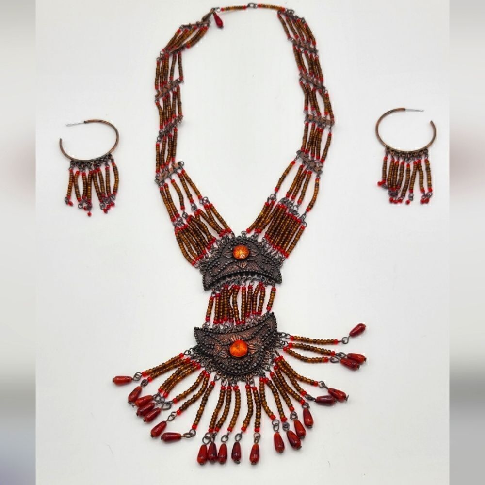 Native American Vintage Beaded necklace and earrings, copper-tone metal